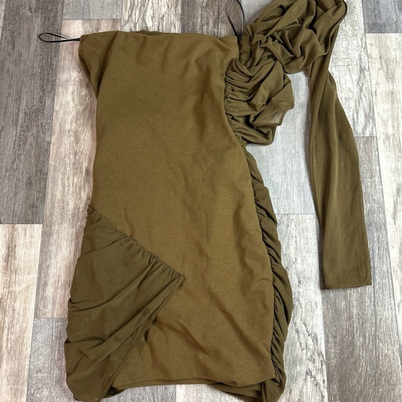 ZARA One Shoulder Sleeve Pleated Ruffled Brown Mini Dress XS - Picture 6 of 6